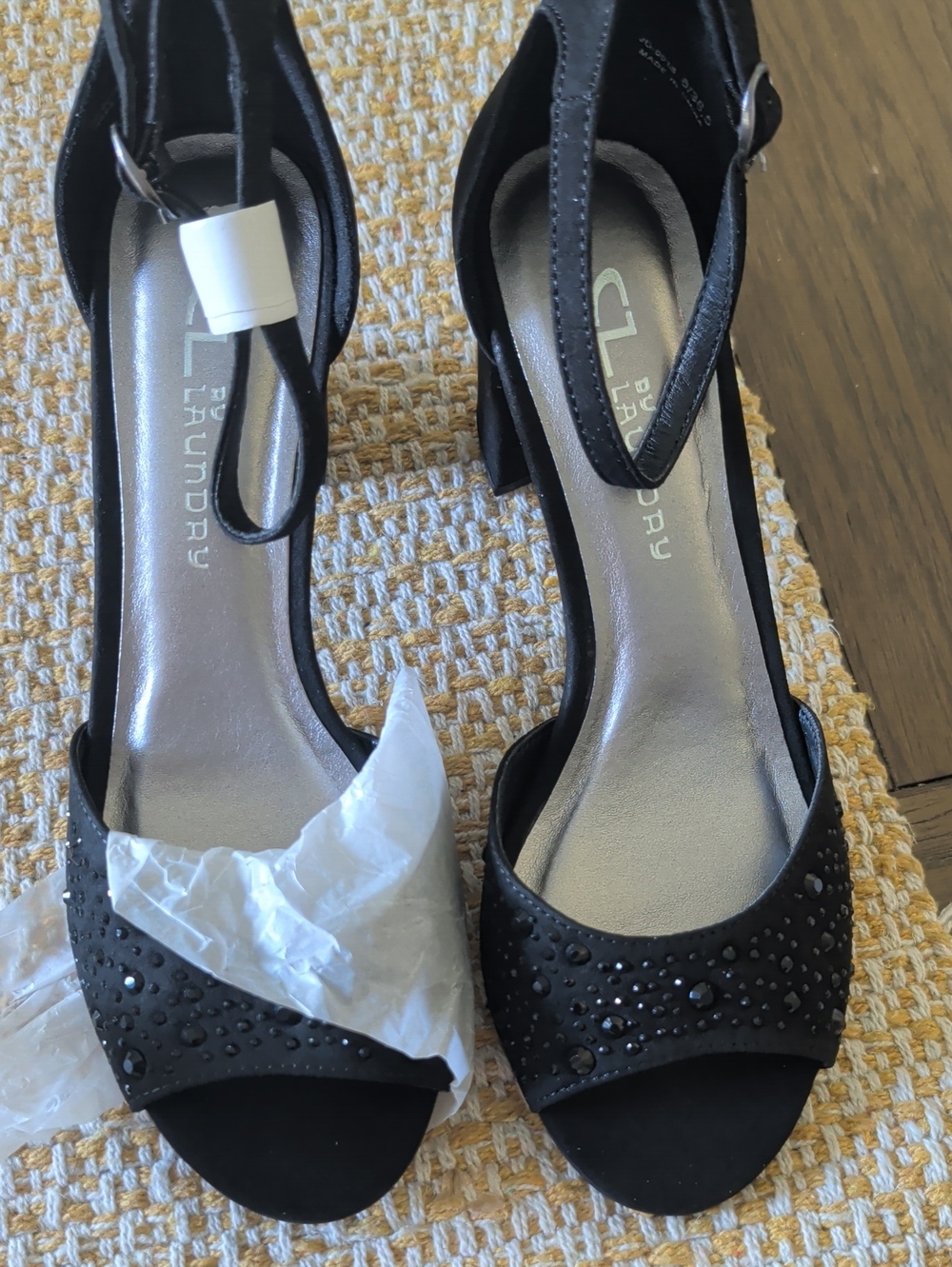 NEW Chinese Laundry by Shelli Segal Black Crystal-Accented Open-Toe Heels